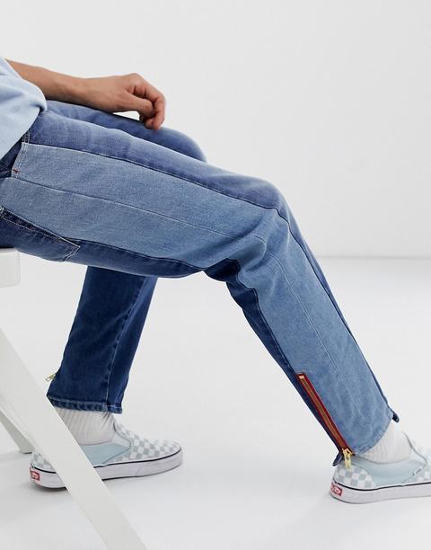 Asos Design Skinny Jeans In Mid Wash Blue With Cut And Sew Panel