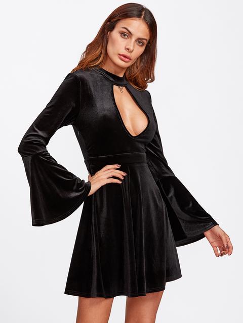 Plunge Keyhole Neck Bell Sleeve Velvet Dress