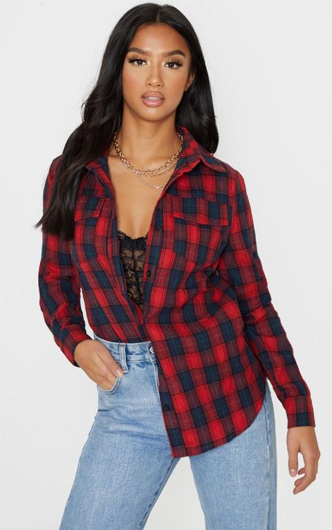 Petite Red Oversized Checked Boyfriend Shirt