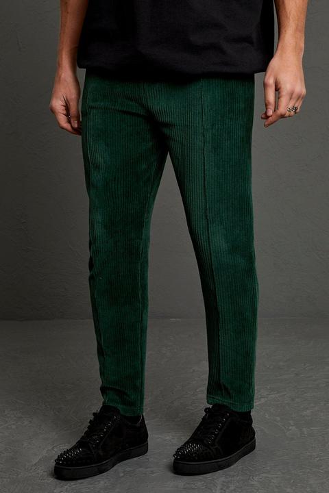 Mens Green Ribbed Velour Tapered Pintuck Jogger, Green