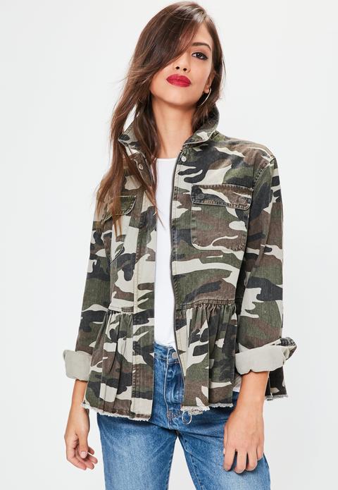 Khaki Camo Frill Hem Jacket