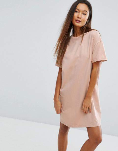 Asos - Vestito T-shirt Con Maniche Con Risvolto - Rosa