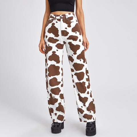 High Waist Cow Print Straight Leg Jeans