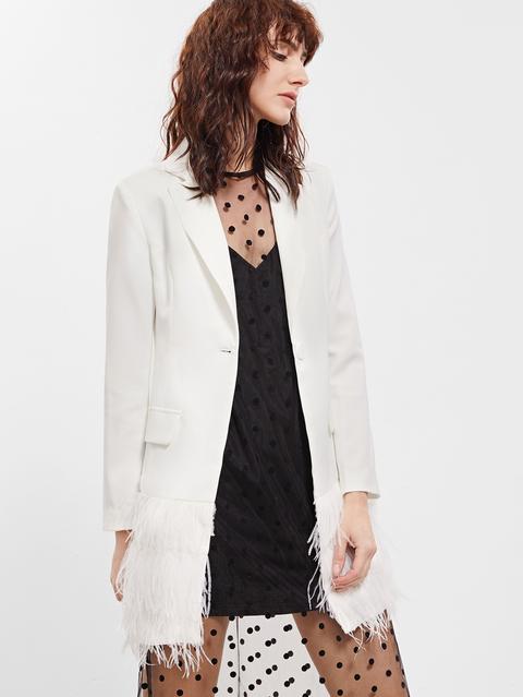 Blazer Largo Con Piel Sintética Blanco