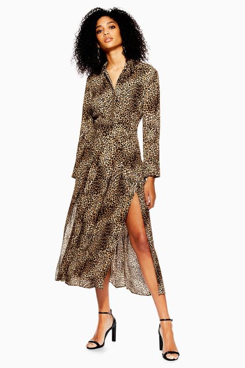Womens Animal Print Midi Shirt Dress - Brown, Brown