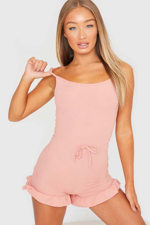 Coral Playsuits - Demi Jones Coral Ribbed Frill Hem Playsuit