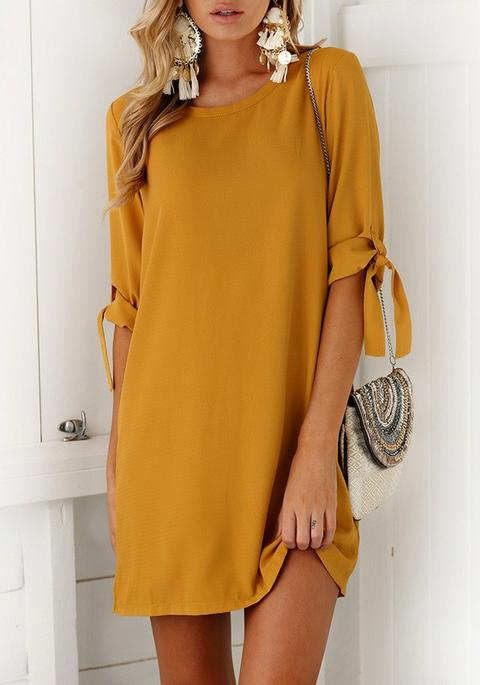 Mini Abito Drappeggiato Girocollo Manica Corta Moda Giallo