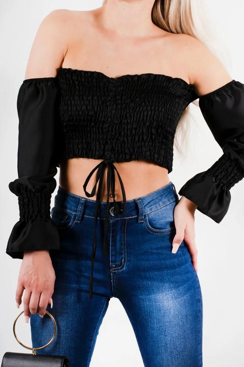 Black Ruched Detail Bardot Crop Top