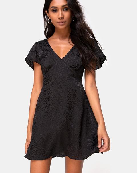 Elara Dress In Black Satin Cheetah