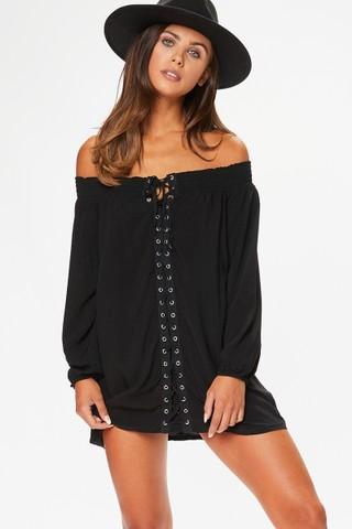 Nancy Black Lace Up Bardot Dress