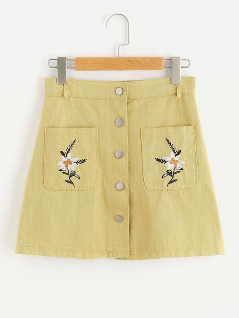 Flower Embroidered Single Breasted Skirt