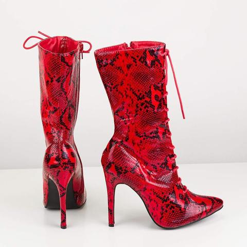 Anita - Lace Heeled Boots In Red Snake Print