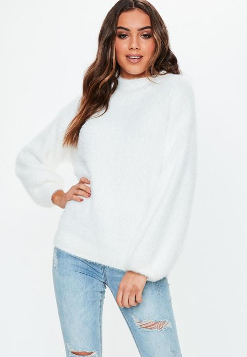 White Fluffy Knit Boyfriend Sweater