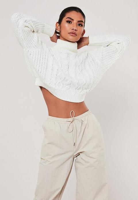White Crop Roll Neck Cable Knit Jumper, White