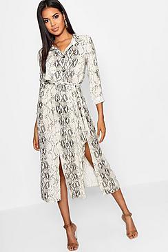 Snake Tie Belt Split Detail Midi Dress