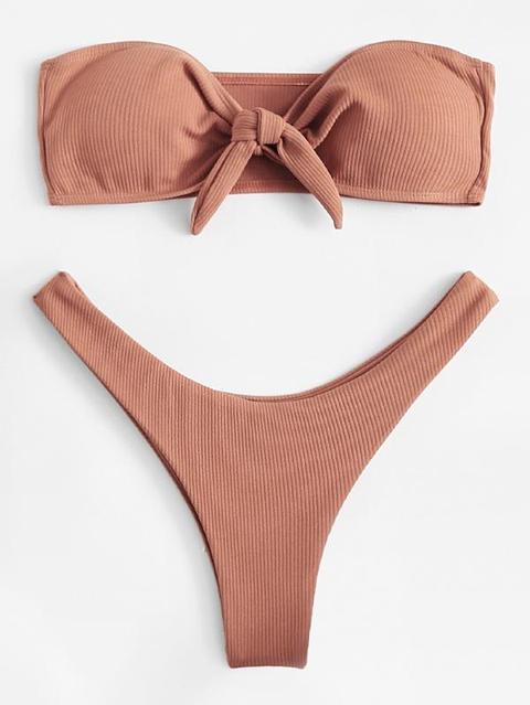 Plain Annodato Bikinis Marrone Costume Da Bagno