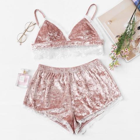 Conjunto De Pijama Top De Tirante De Terciopelo Ribete Con Encaje De Pestaña Con Shorts