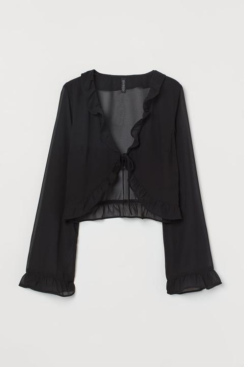 Blusa De Gasa Con Volantes - Negro