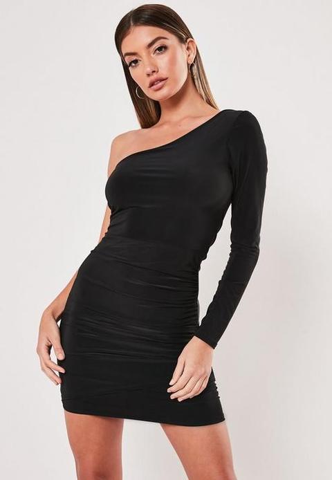 Black Slinky One Shoulder Drape Bodycon Mini Dress, Black