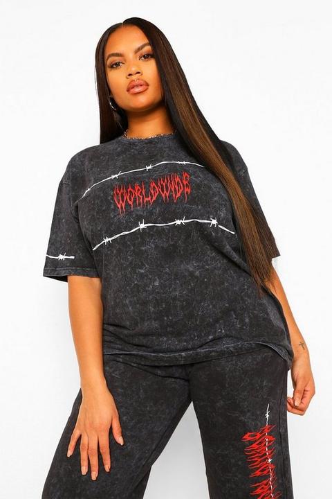 Womens Plus Worldwide Barbed Wire Acid Wash T-shirt - Grey - 16/18, Grey