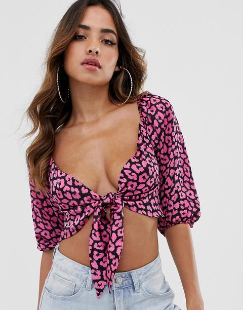 Club L - Top Con Scollo Alla Bardot Animalier Con Maniche Raccolte E Nodo - Multicolore