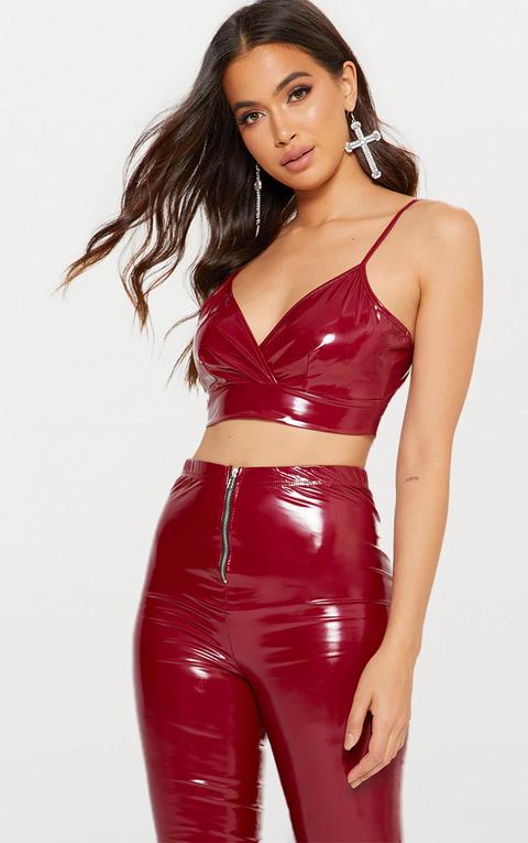 Burgundy Vinyl Wrap Front Strappy Crop Top, Red from PrettyLittleThing on  21 Buttons
