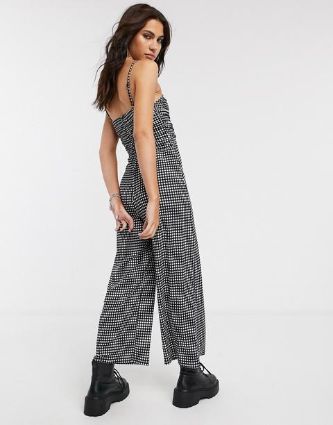 Bershka Ruched Front Gingham Jumpsuit In Monochrome-multi