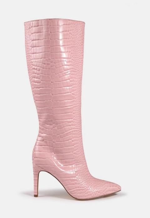 Pink Mock Croc Tubular Calf Stiletto Boots, Pink