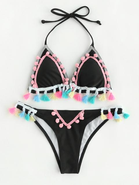 Pom Pom & Tassel Embellished Bikini Set