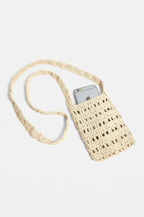 Uo Mini Macrame Phone Holder Crossbody - White At Urban Outfitters