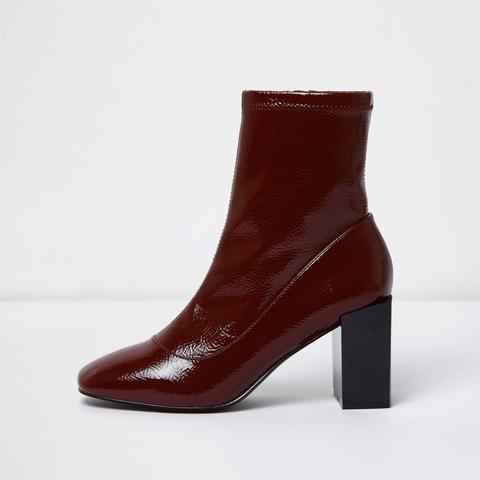 Dark Red Patent Square Block Heel Sock Boots