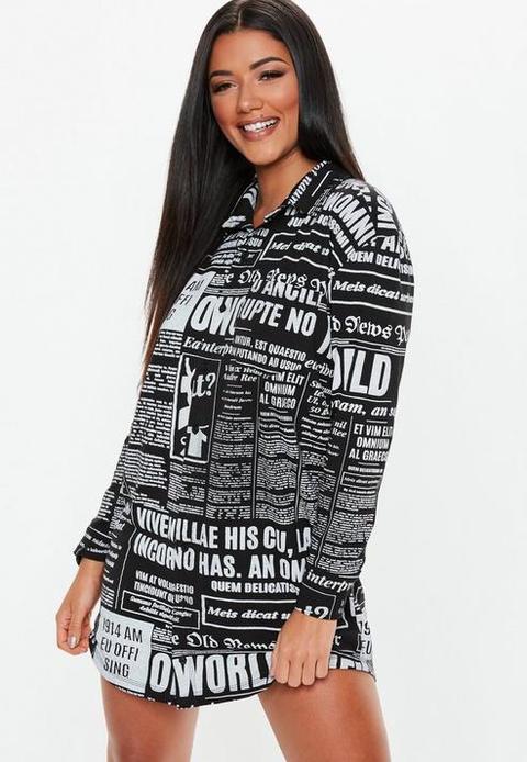 Black Oversized Newspaper Jersey Shirt Dress, Black