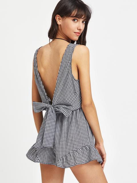 Plunged Gingham Bow Tie Back Romper