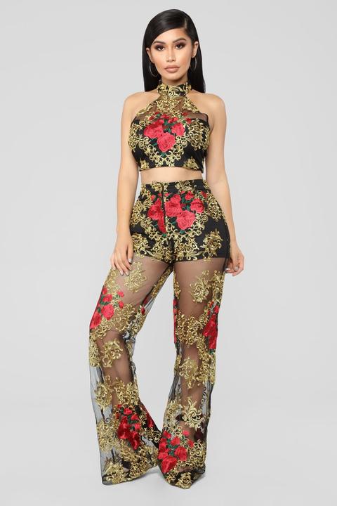 Enchanted Rose Embroidered Set - Black/gold