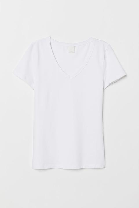 Camiseta Con Cuello De Pico - Blanco