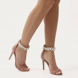 Fiji Diamante Barely There Stilettos In Dusky Pink Faux Suede