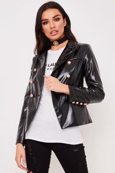 Ashanti Black Pu Button Embellished Blazer