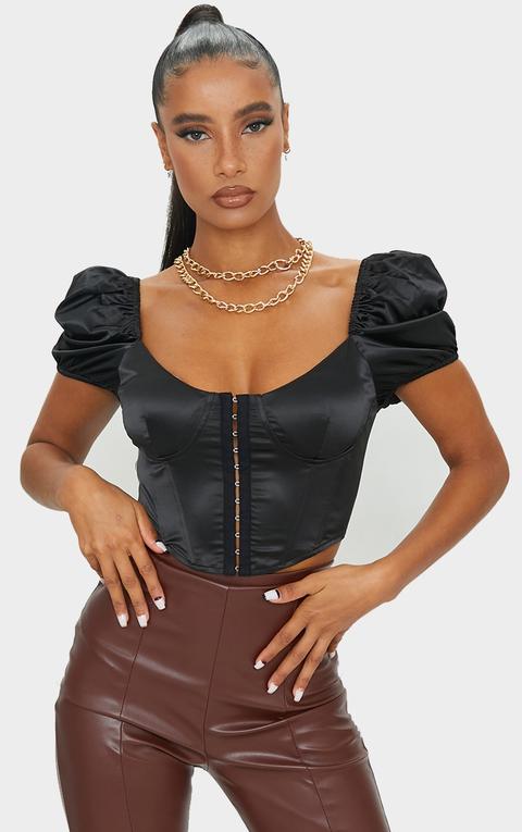 Black Satin Puff Short Sleeve Pointed Hem Cropped Corset