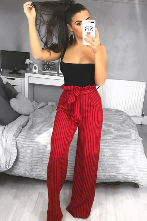 Red Striped Paper Bag Tie Waist Wide Leg Trousers - Kennedy