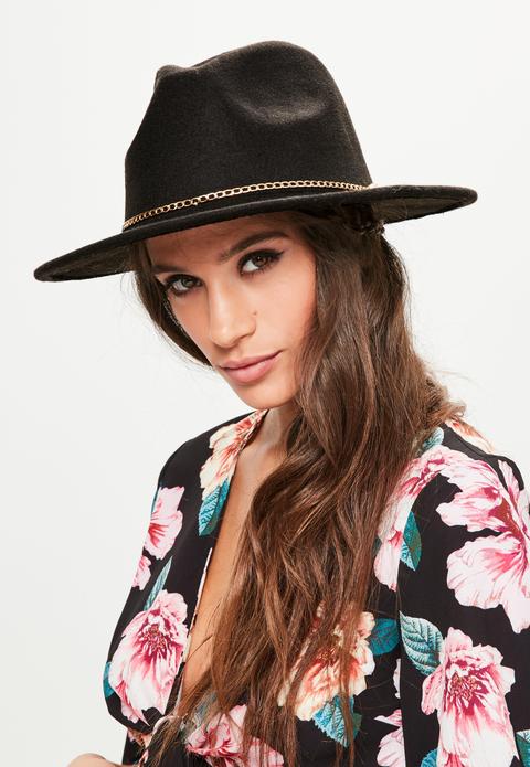 Black Chain Trim Fedora Hat