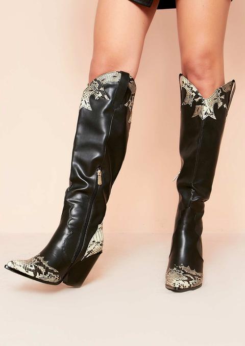 Nahia Black Faux Leather Snake Western Boots