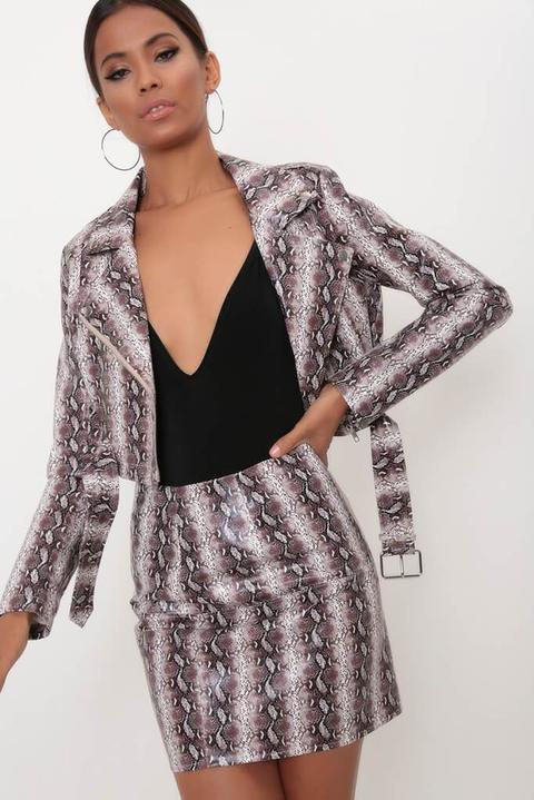 Brown Snake Print Faux Leather Biker Jacket