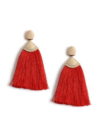 Womens Red Engraved Tassel Earrings, Red