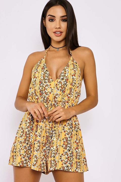 Yellow Playsuits - Mikki Yellow Floral Print Wrap Front Halterneck Playsuit