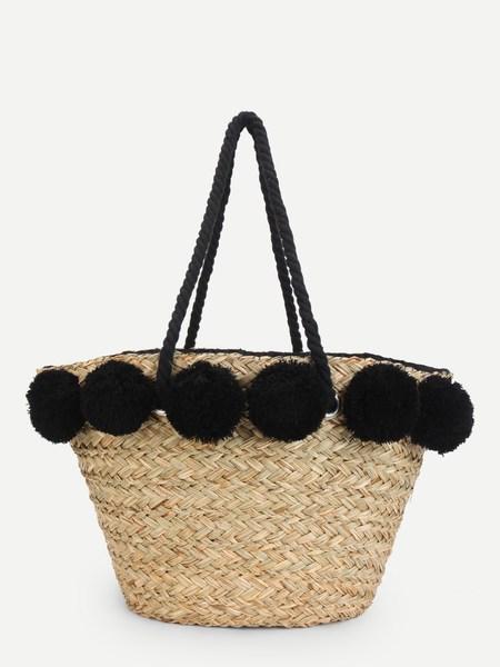 Bolsa De Mano De Paja Con Pompón