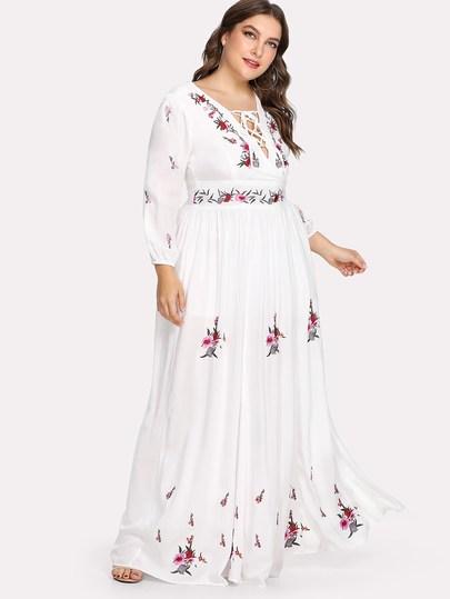Plus Lace Up Front Flower Embroidered Maxi Dress