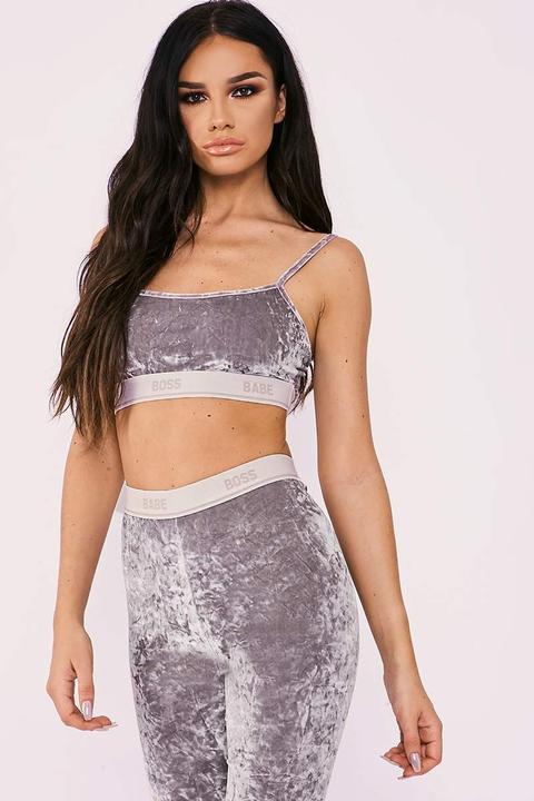 Grey Tops - Sarah Ashcroft Grey Boss Babe Slogan Crushed Velvet Crop Top