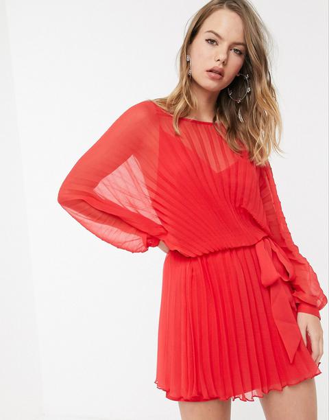 Asos Design Blouson Pleated Mini Dress With Self Belt-red