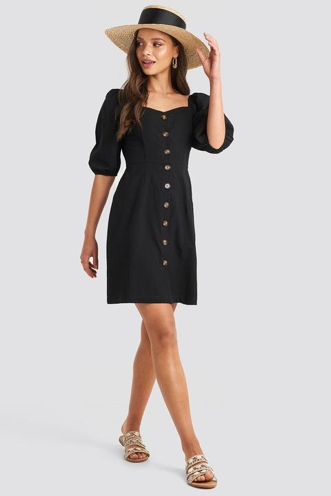 Na-kd Boho Puff Sleeve Cotton Mini Dress - Black