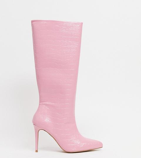 Asos Design Wide Fit Claudia Knee High Boots In Pink Croc